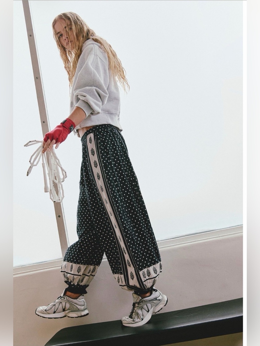 Free People On it Printed Balloon Pant Buti Dot Border Black Combo NWT